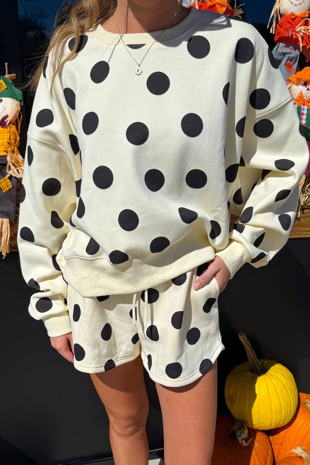 Polka Dot Drop Shoulder Pullover Shorts Set