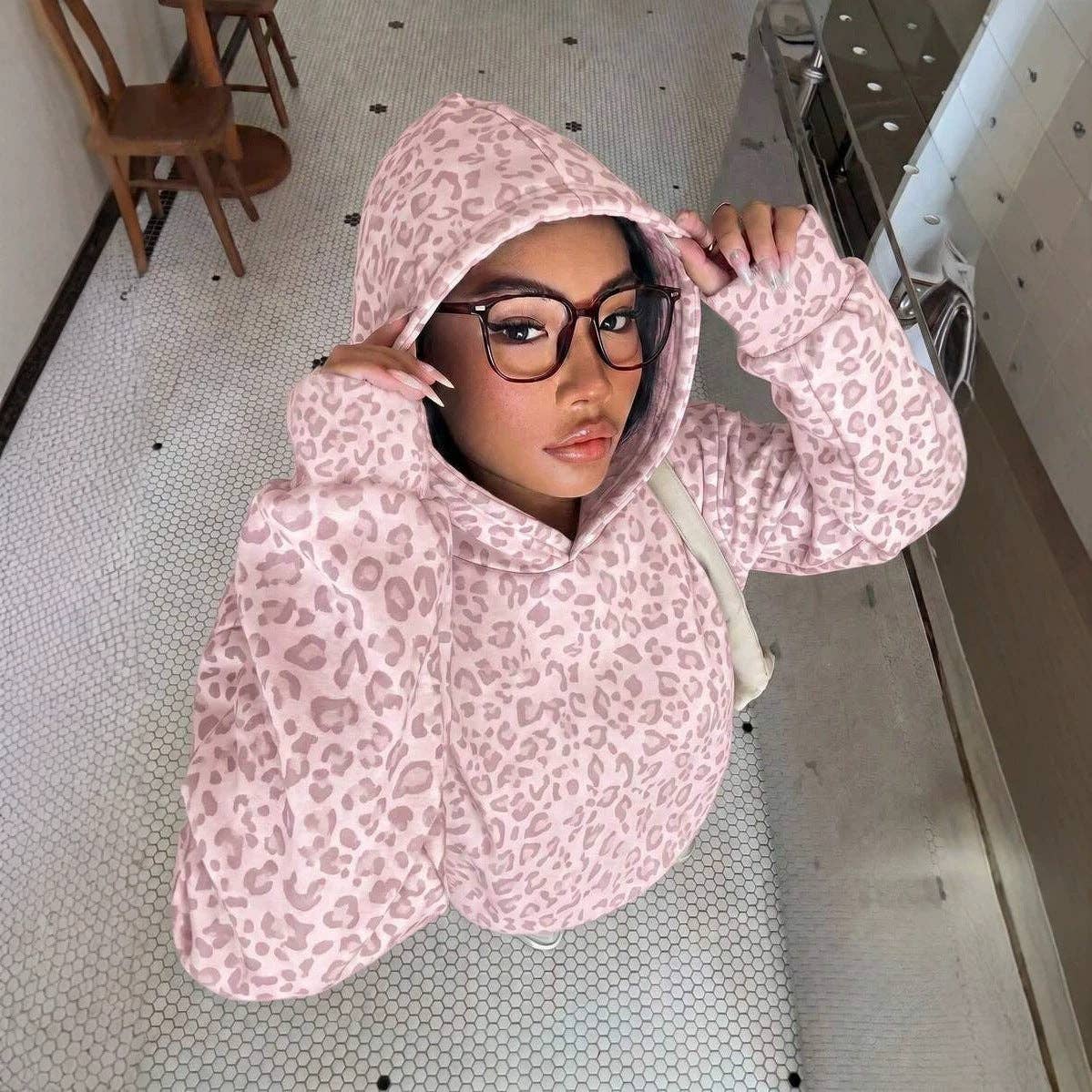 Leopard Hoodie Oversized Casual Pullover Sweatshirt