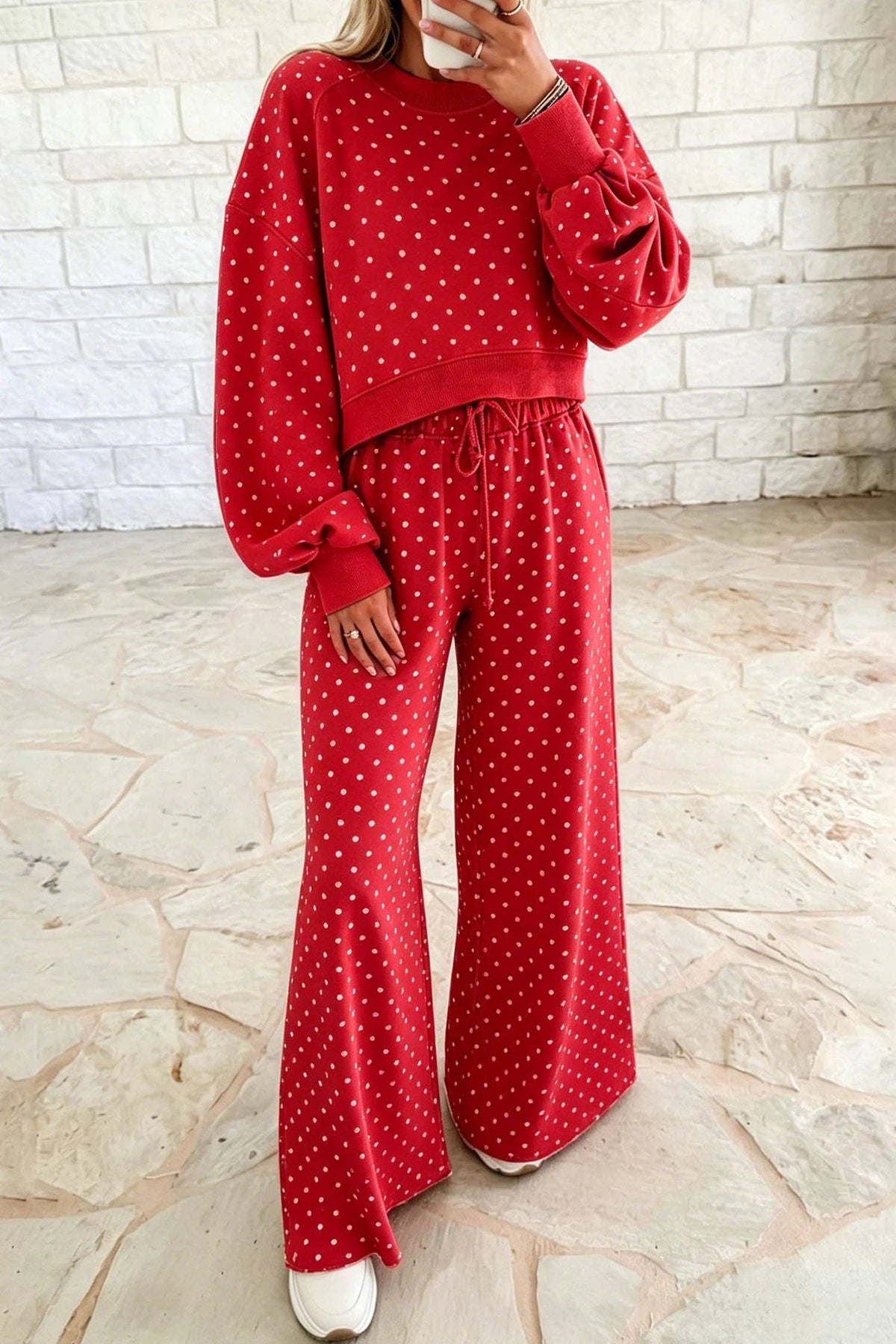Polka Dot Drawstring Wide Leg Long Sleeve Top Pant Set
