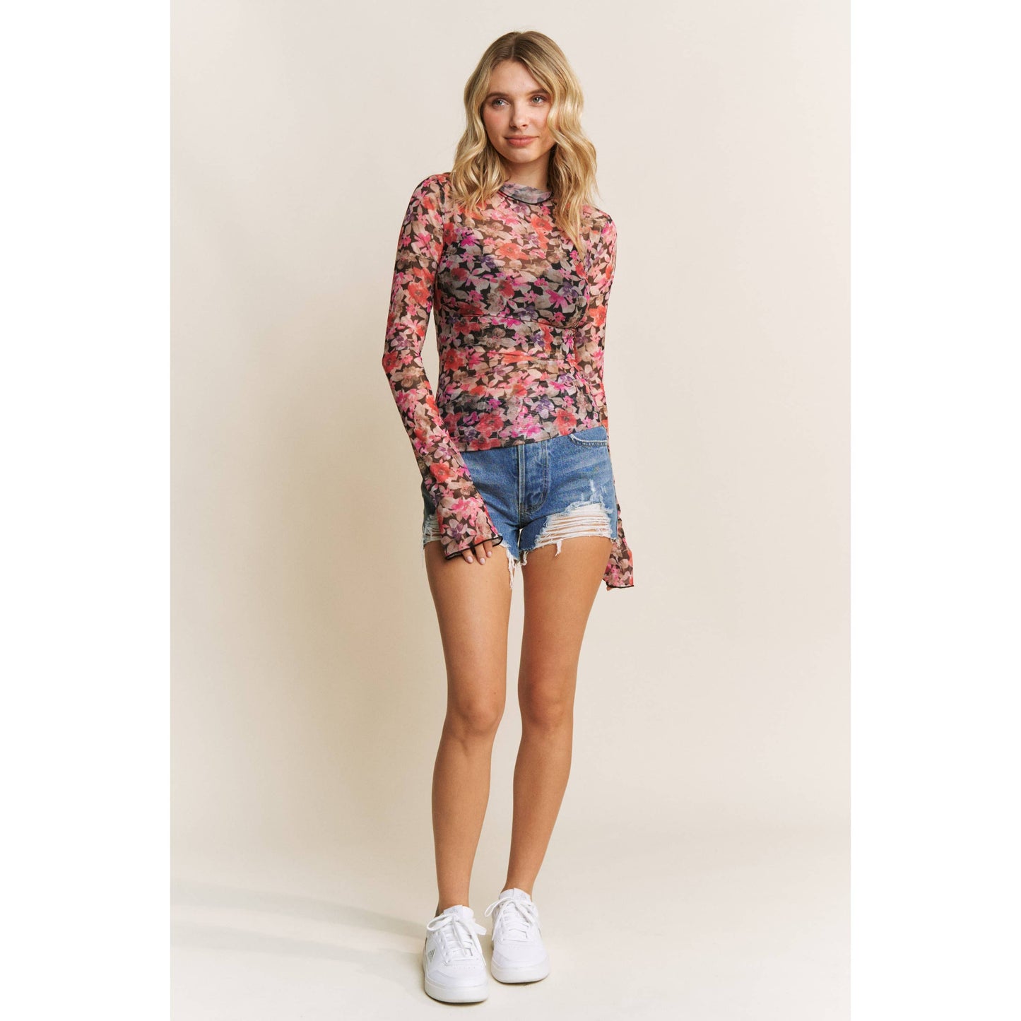 CUTE FLORAL PRINT MESH TOP
