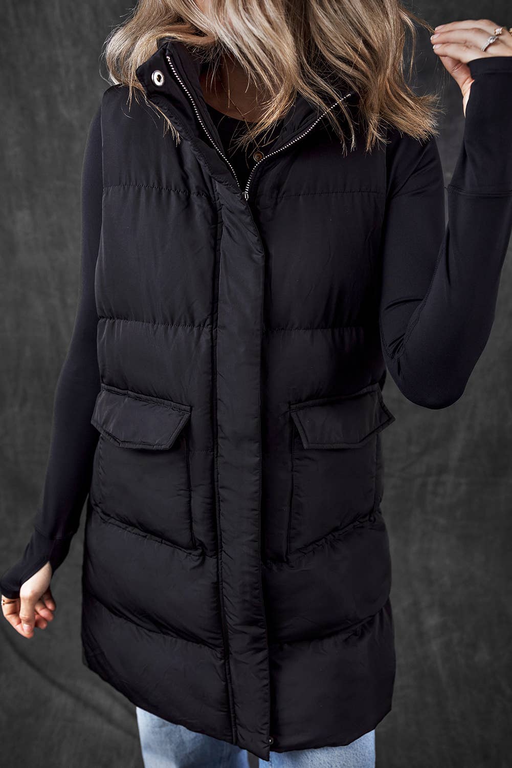 Windproof Longline Full Zipper Puffer Vest with Pockets