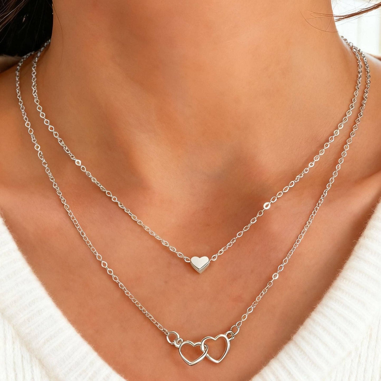 Layered Double Heart Pendant Necklace Set