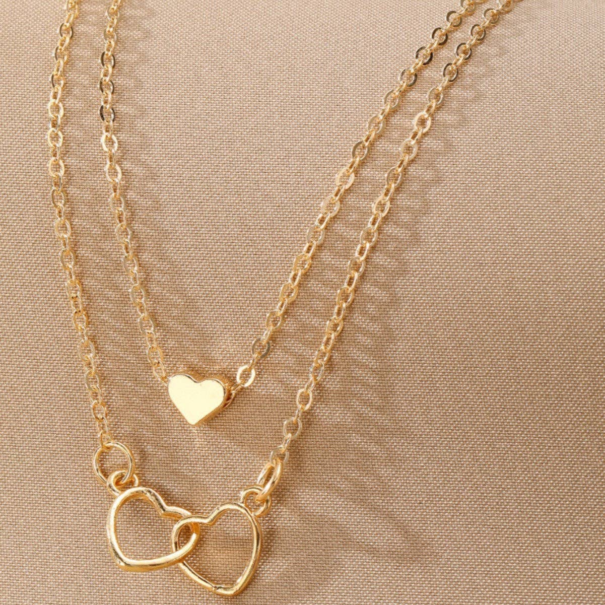 Layered Double Heart Pendant Necklace Set