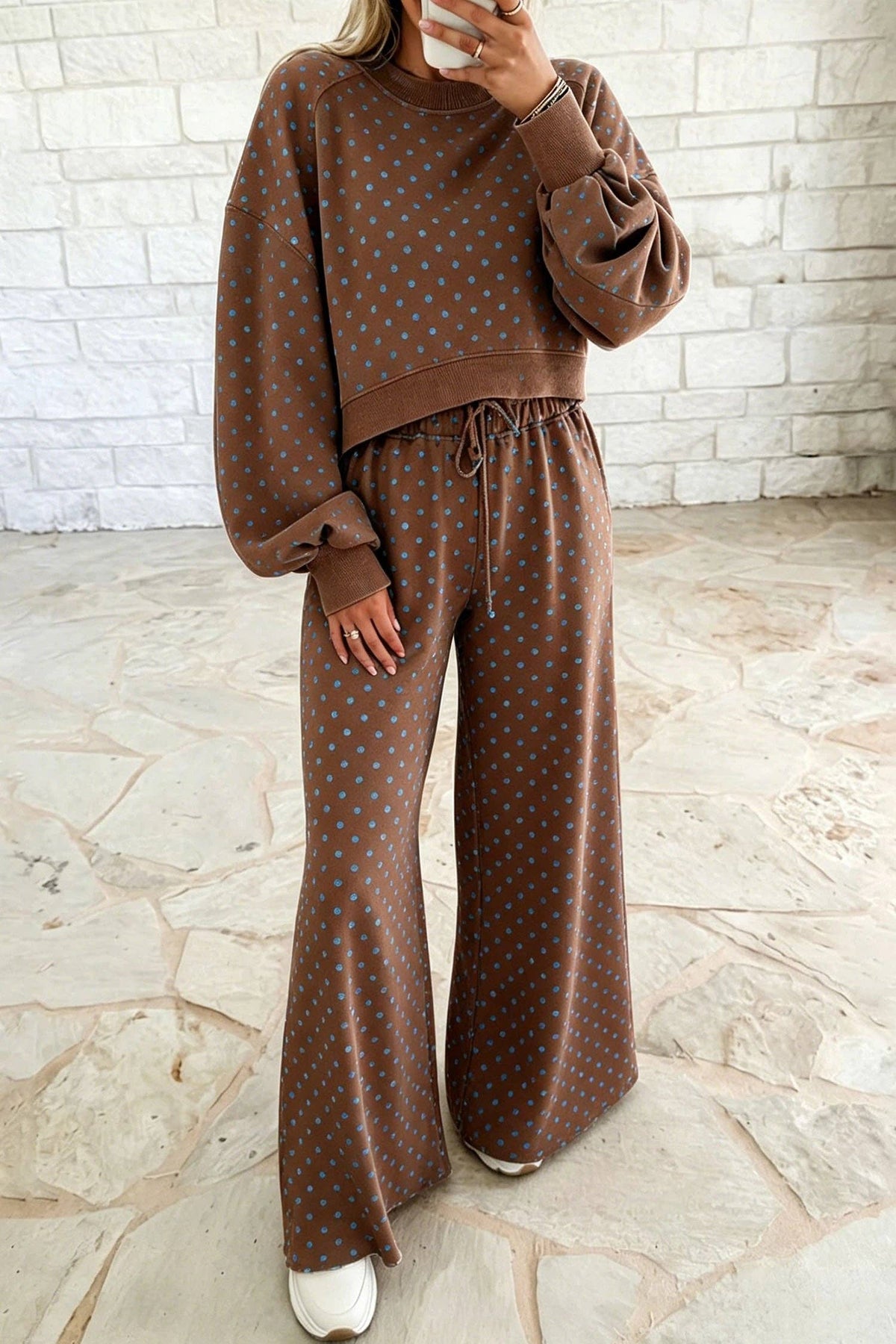 Polka Dot Drawstring Wide Leg Long Sleeve Top Pant Set