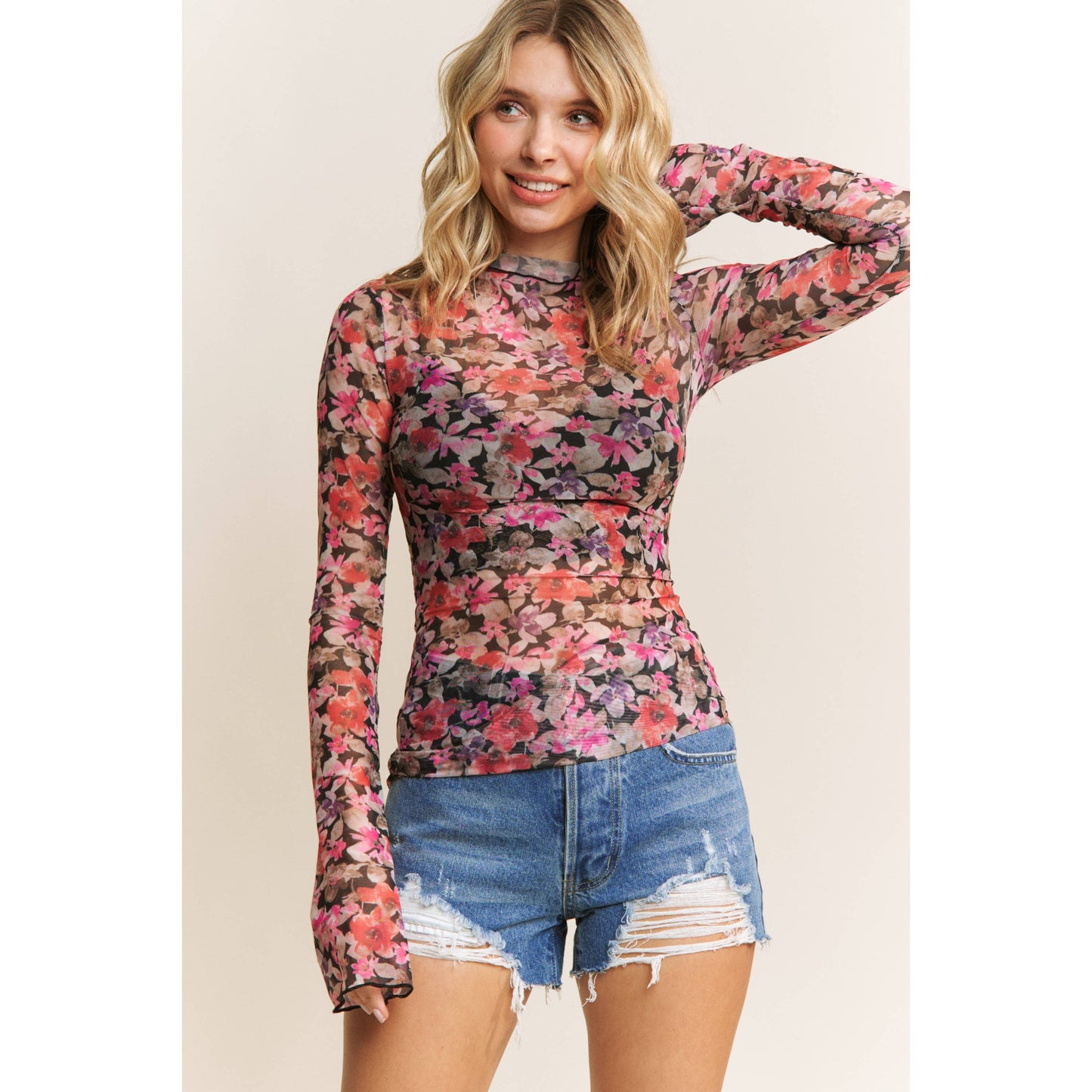 CUTE FLORAL PRINT MESH TOP
