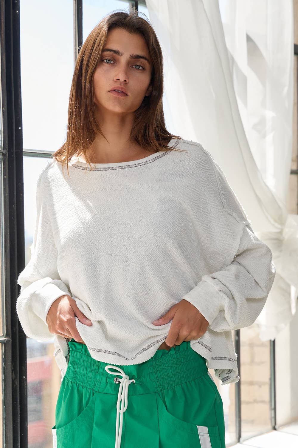 T2397 Overlap Open Back Oversize Fit Reverse Stitched Top