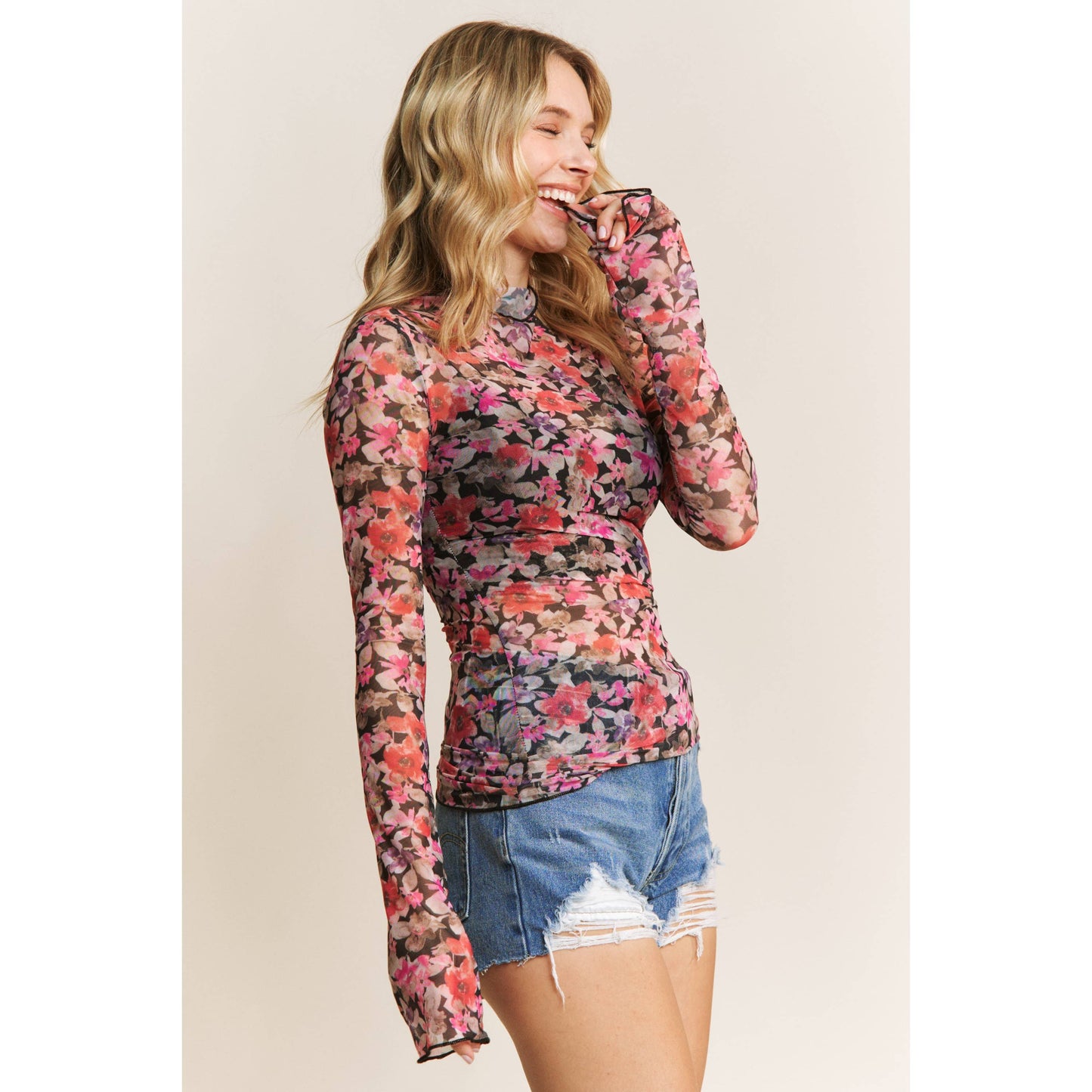CUTE FLORAL PRINT MESH TOP