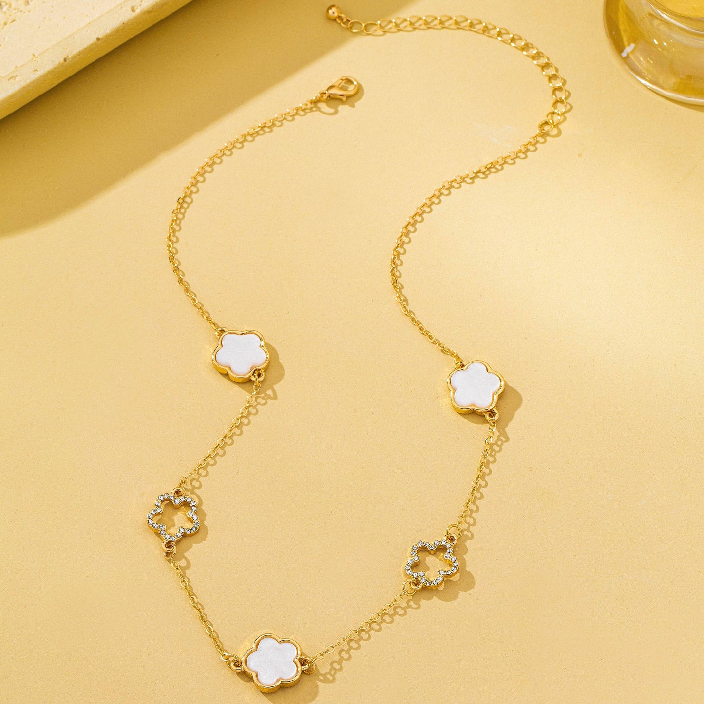 Four Leaf Enamel & Crystal Charm Necklace