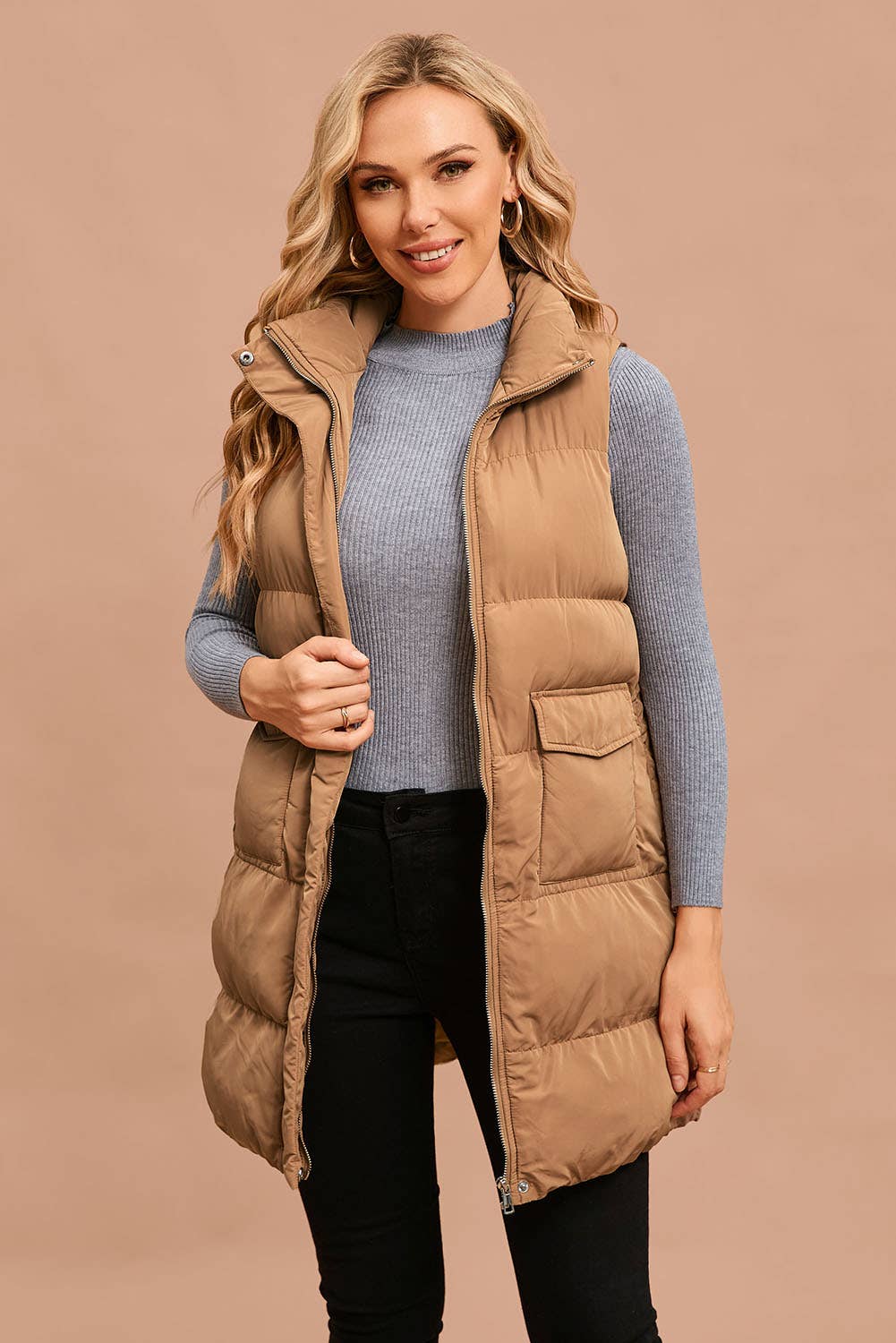 Winter Full Zipper Pockets Puffer Outerwear Vest