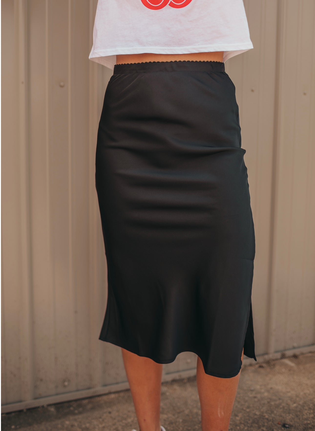 Black Slit Satin Skirt