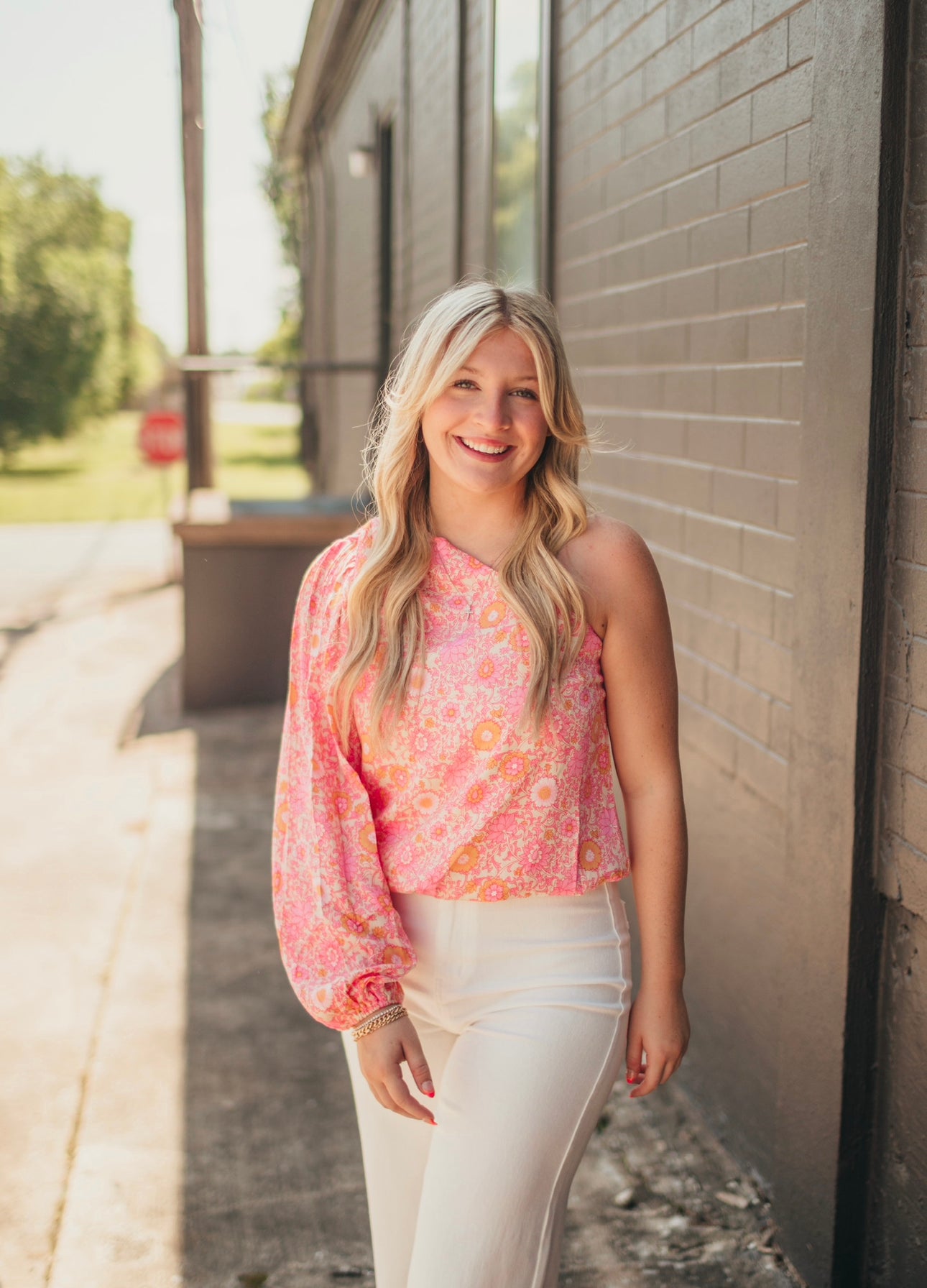 Coral Floral One Shoulder Top